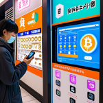 **

A futuristic cityscape with neon signs displaying financial data and cryptocurrency symbols. A diverse group of people are interacting with holographic displays showing personalized financial dashboards and investment portfolios on their smartphones. In the foreground, a traditional Japanese family is easily making a QR code payment at a modern, minimalist store.

**