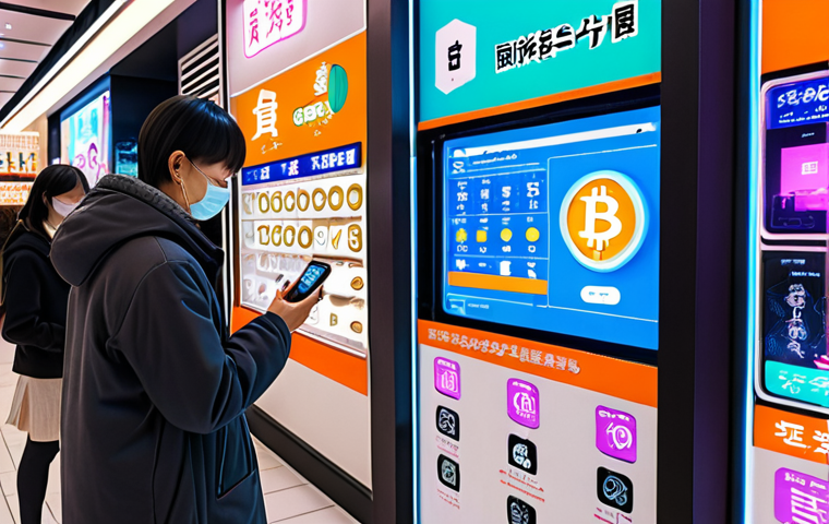 **

A futuristic cityscape with neon signs displaying financial data and cryptocurrency symbols. A diverse group of people are interacting with holographic displays showing personalized financial dashboards and investment portfolios on their smartphones. In the foreground, a traditional Japanese family is easily making a QR code payment at a modern, minimalist store.

**