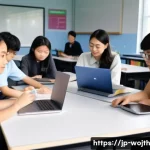 가치중심 기술의 교육 및 훈련 방안 - A diverse classroom scene in a modern Japanese technical school, featuring students of various ethni...