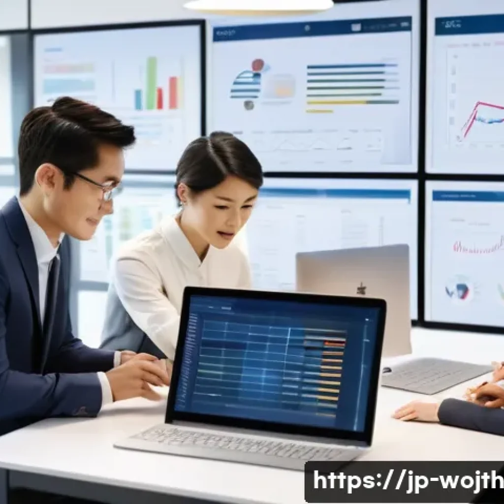 가치중심 기술 도입 이후 성과 분석 - A modern Japanese office scene with a diverse team of professionals collaborating efficiently using ...