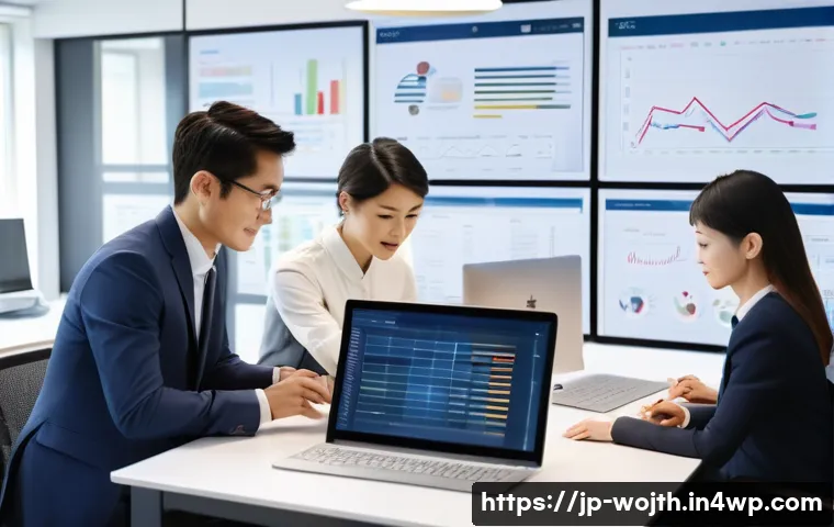 가치중심 기술 도입 이후 성과 분석 - A modern Japanese office scene with a diverse team of professionals collaborating efficiently using ...