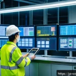 가치중심 기술의 경제적 효과 분석 - A modern Japanese smart factory interior scene with advanced IoT sensors monitoring high-tech manufa...