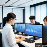 가치중심 기술 선택의 비교 연구 - A modern Japanese office scene showing a diverse team of professionals collaboratively evaluating ne...