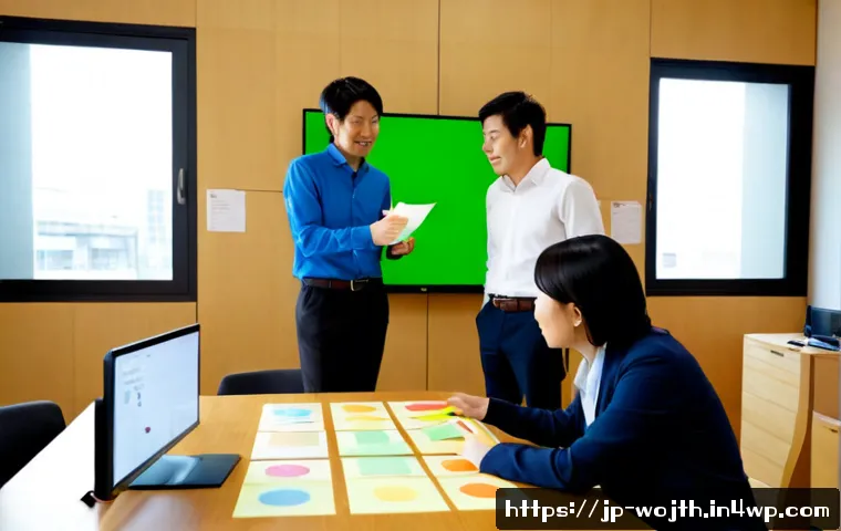 가치중심 기술과 협업 도구 활용 - Photorealistic modern Japanese workplace, a diverse team of four professionals collaboratively revie...