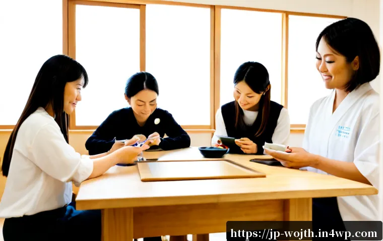 가치중심 기술과 사회적 기업의 역할 - Photorealistic social enterprise team in a bright modern Japanese community workshop, diverse adults...